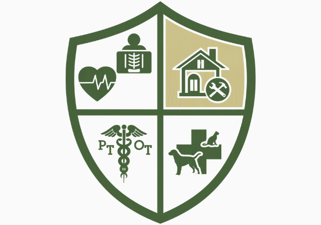 C-Tech shield depicting four quadrants with a heart and xray in the top left, a house in the top right, a cross with a cat and dog in the bottom right and a caduceus in the bottom left with the letters PT and OT around it. Only the top right quadrant of the image has color to emphasize the construction logo