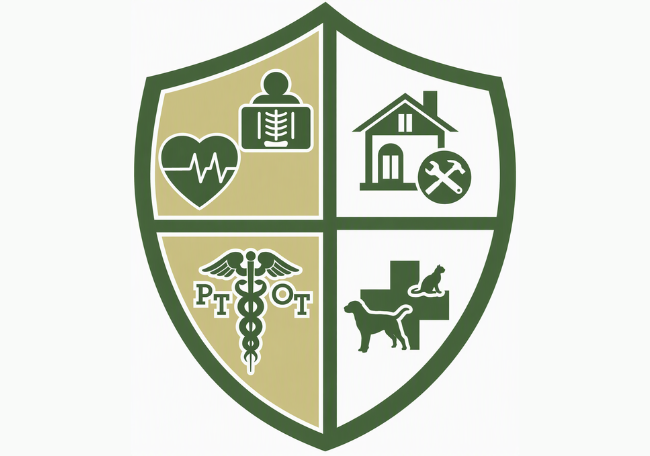 C-Tech shield depicting four quadrants with a heart and xray in the top left, a house in the top right, a cross with a cat and dog in the bottom right and a caduceus in the bottom left with the letters PT and OT around it. The left side of the image is in color to emphasize the health side. 