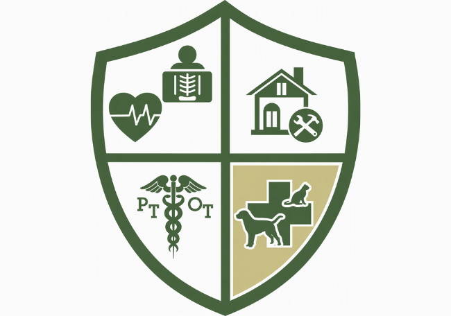 C-Tech shield depicting four quadrants with a heart and xray in the top left, a house in the top right, a cross with a cat and dog in the bottom right and a caduceus in the bottom left with the letters PT and OT around it. Only the bottom right quadrant is in color to emphasize the veterinary logo 