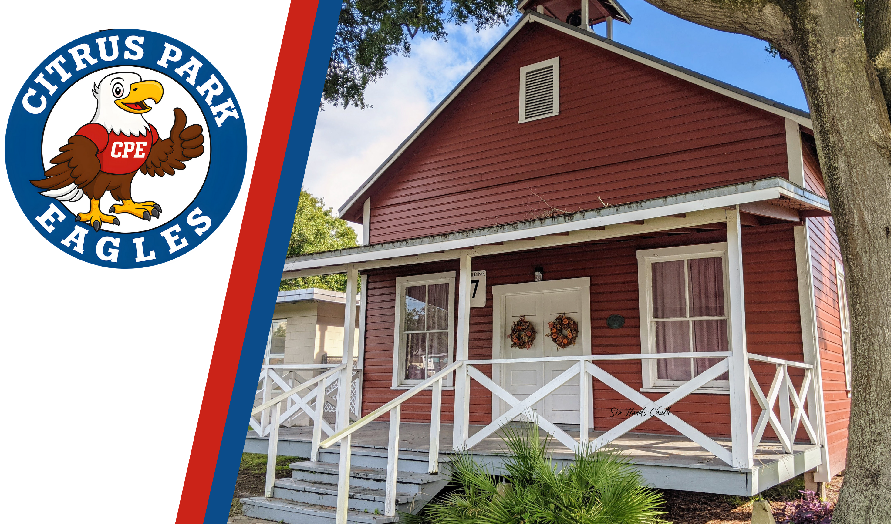 Citrus Park Eagles logo and photo of the little red school house