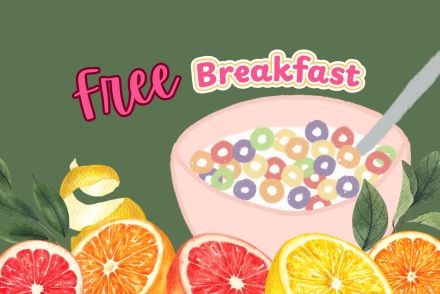Green background with sliced citrus fruit and bowl of cereal