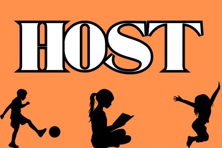Orange background with silhouette of boy kicking a ball, girl reading, and child jumping