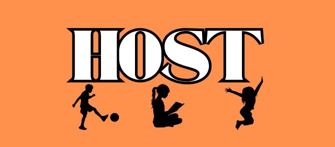 Orange background with silhouette of boy kicking a ball, girl reading, and child jumping