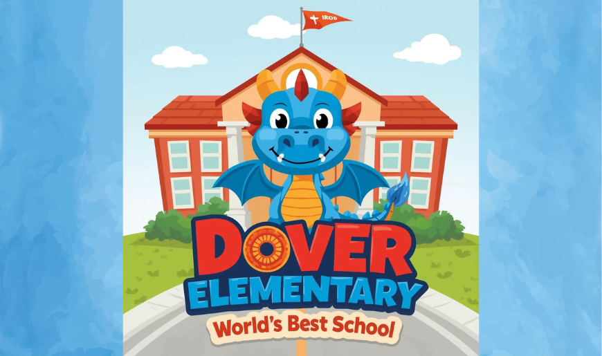 blue, kid-friendly dragon  in front of a school