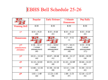 Picture of East Bay's Bell Schedule
