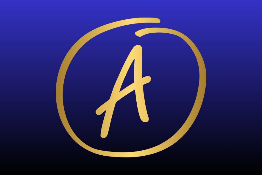 Large Letter "A" written in gold with a circle around it on a blue background
