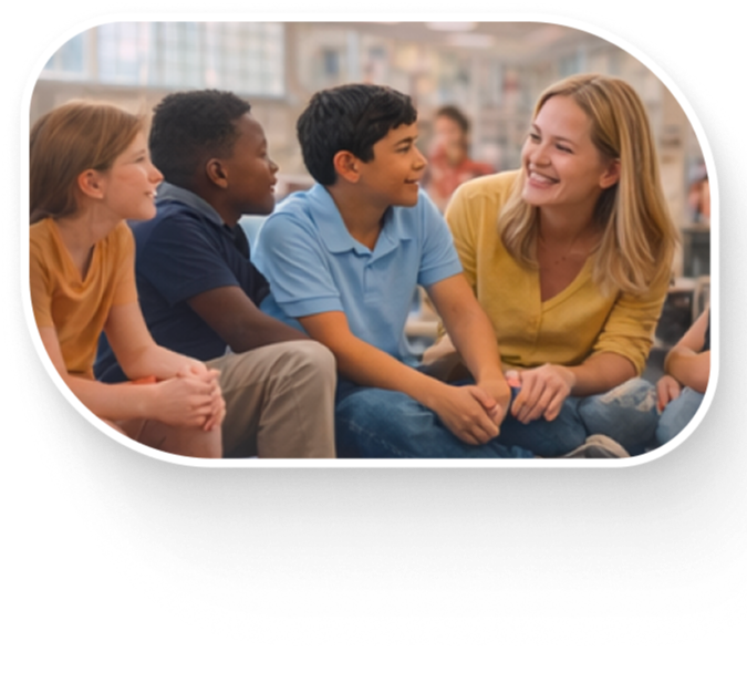 teacher chatting with students