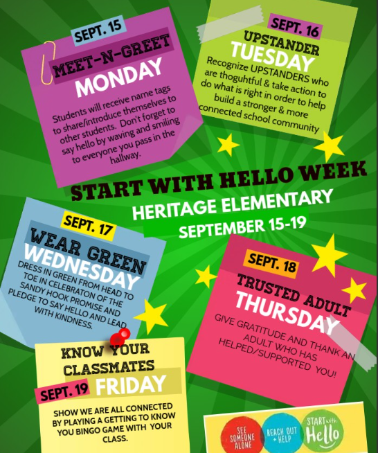 Fyler for Start with Hello week. Each box has information about what to wear to celebrate Hello Week