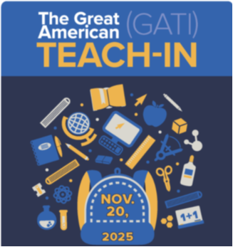 Great American Teach in flyer. Includes a backpack in the center with school and science supplies all around. GATI is Nov. 20th