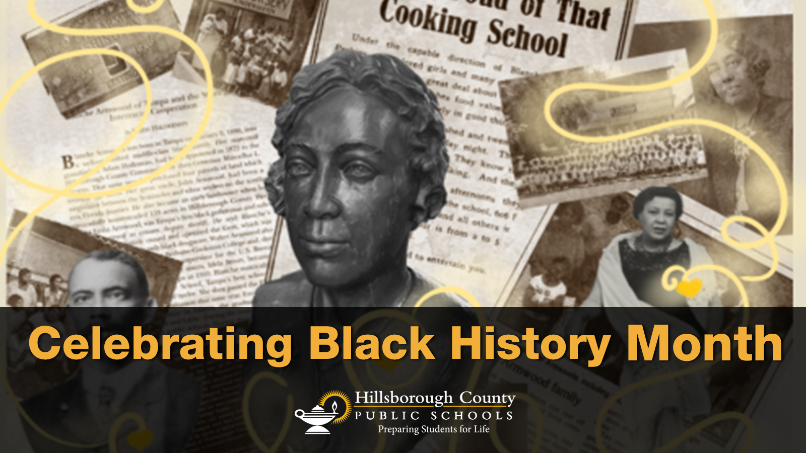 Black History Month poster with a background of primary sources including newspaper articles, photographs and statues