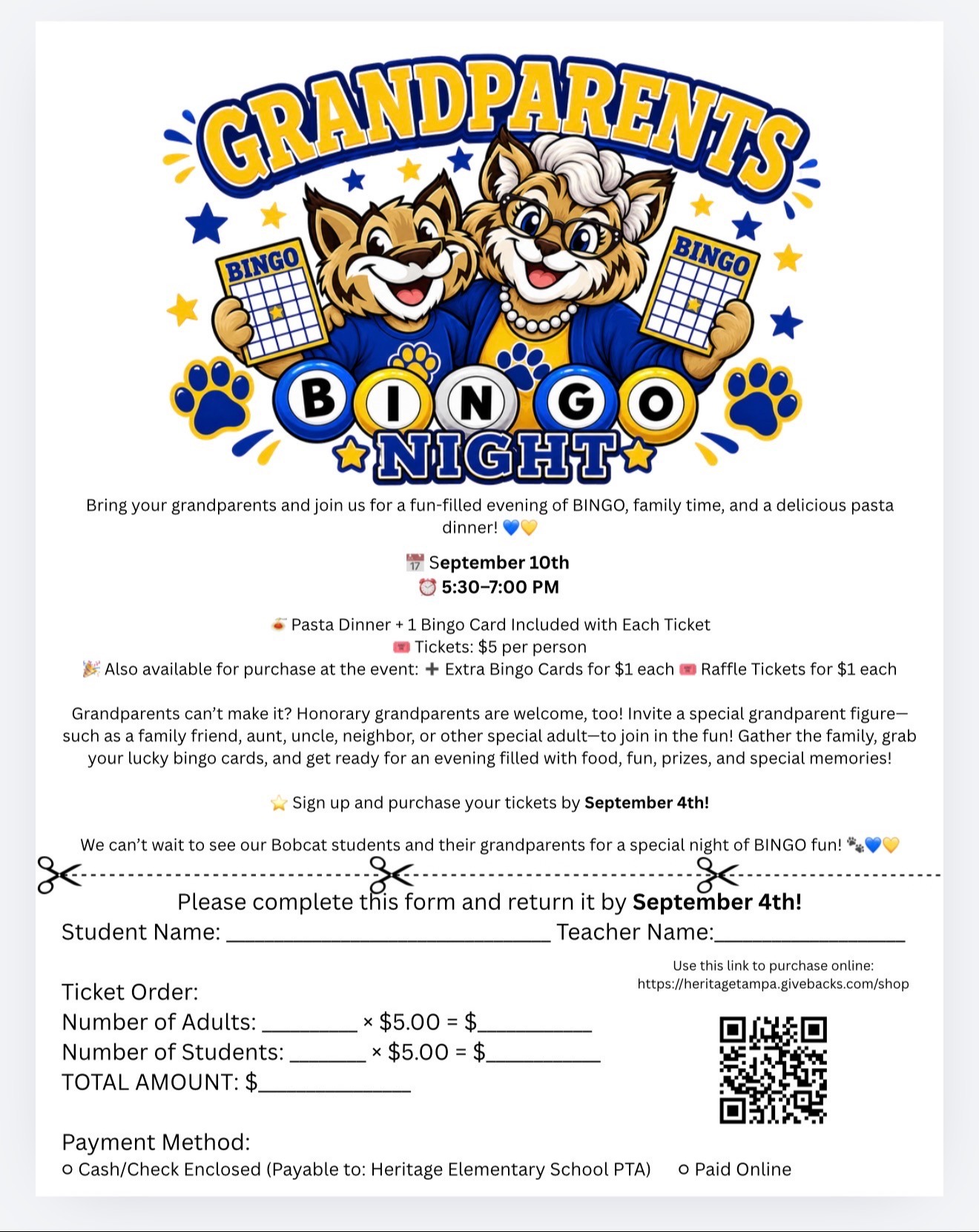 Flyer for Meet the Teacher on August 5th from 4:00-6:00. Blue and yellow font with a Bobcat holding a passport