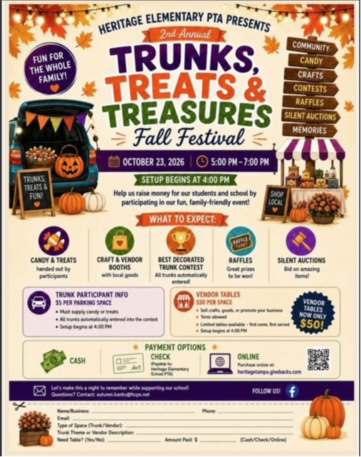 Flyer for Trunk Or Treat with pumpkins and fall icons surround the information about the day, time, and what to expect. Bottom portion has RSVP information if families would like to host a trunk