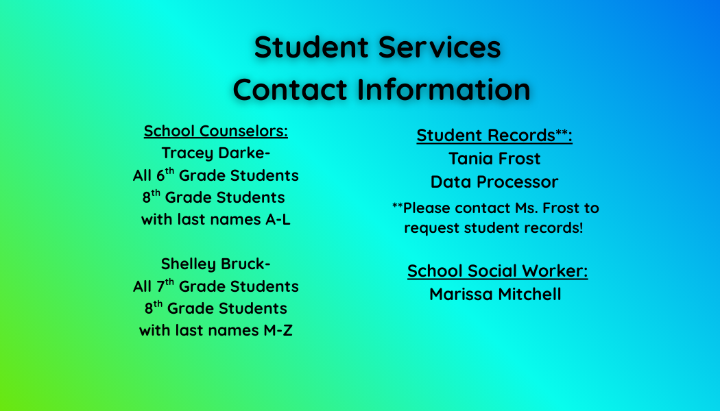Blue and green tile with words in  "student services contact information"