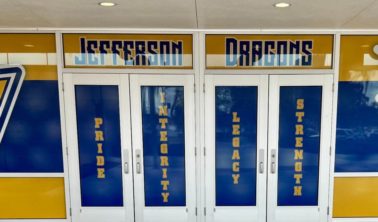 Main entrance to Jefferson High School - Jefferson Dragons Pride, Integrity, Legacy, Strength