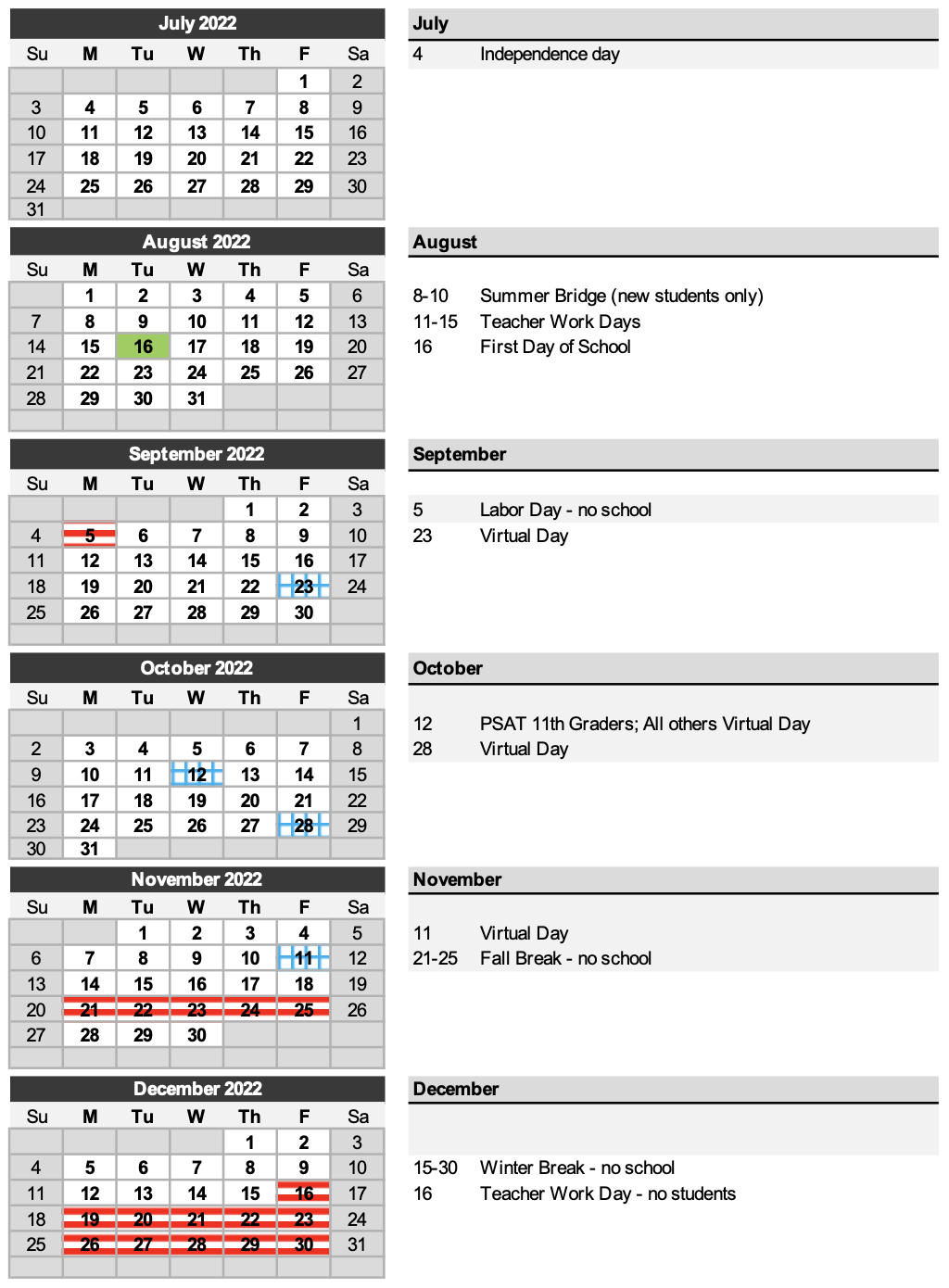 School Year Calendar Metro Early College High School