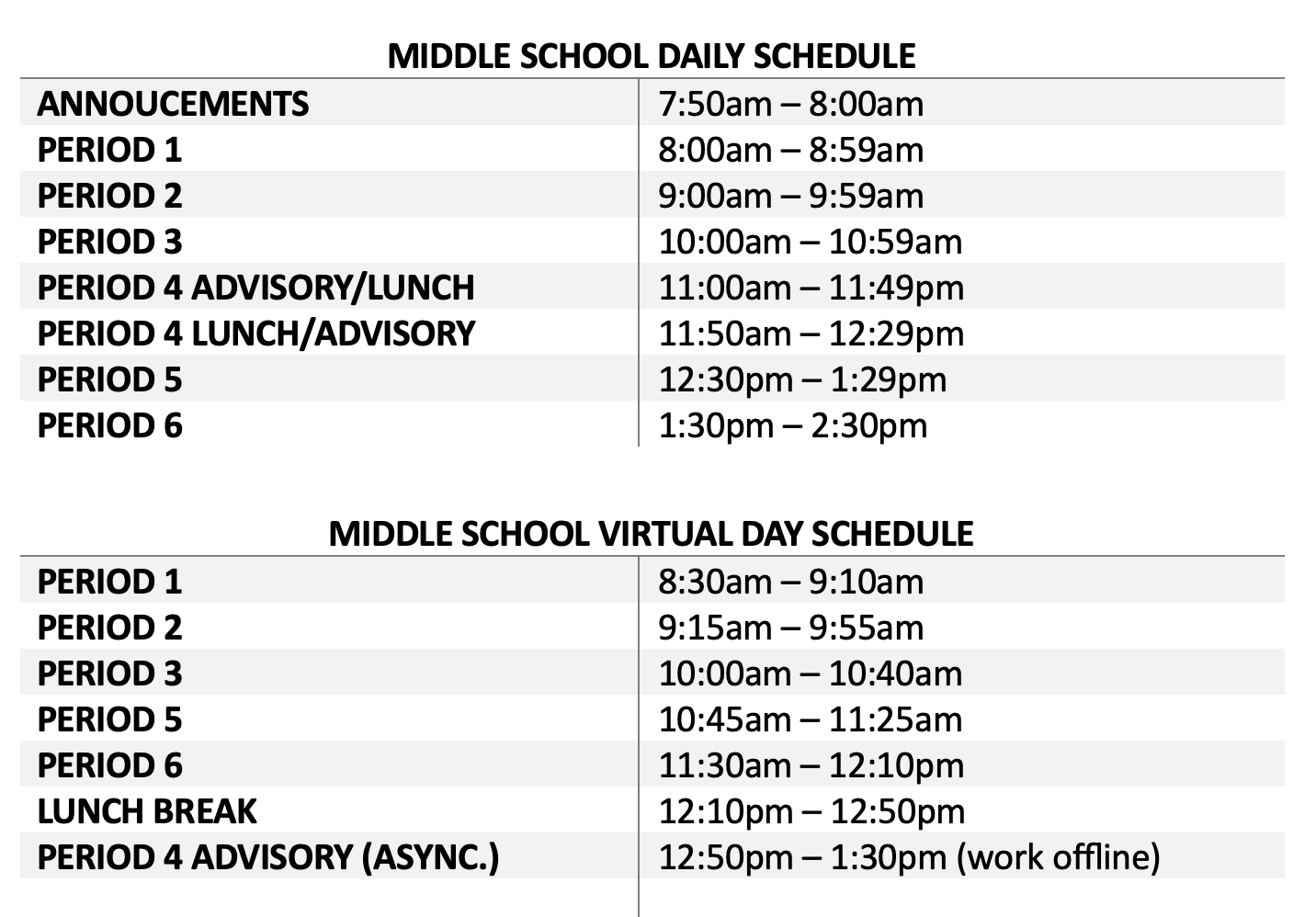 class schedule