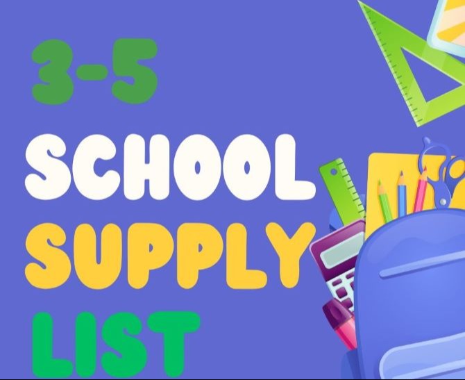 Blue and Yellow illustrative with bookbag and 3-5 School Supply list