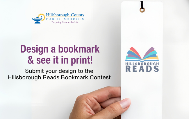 The words design a bookmark are displayed on a white background  with  image of a hand holding a bookmark with Hillsborough READS