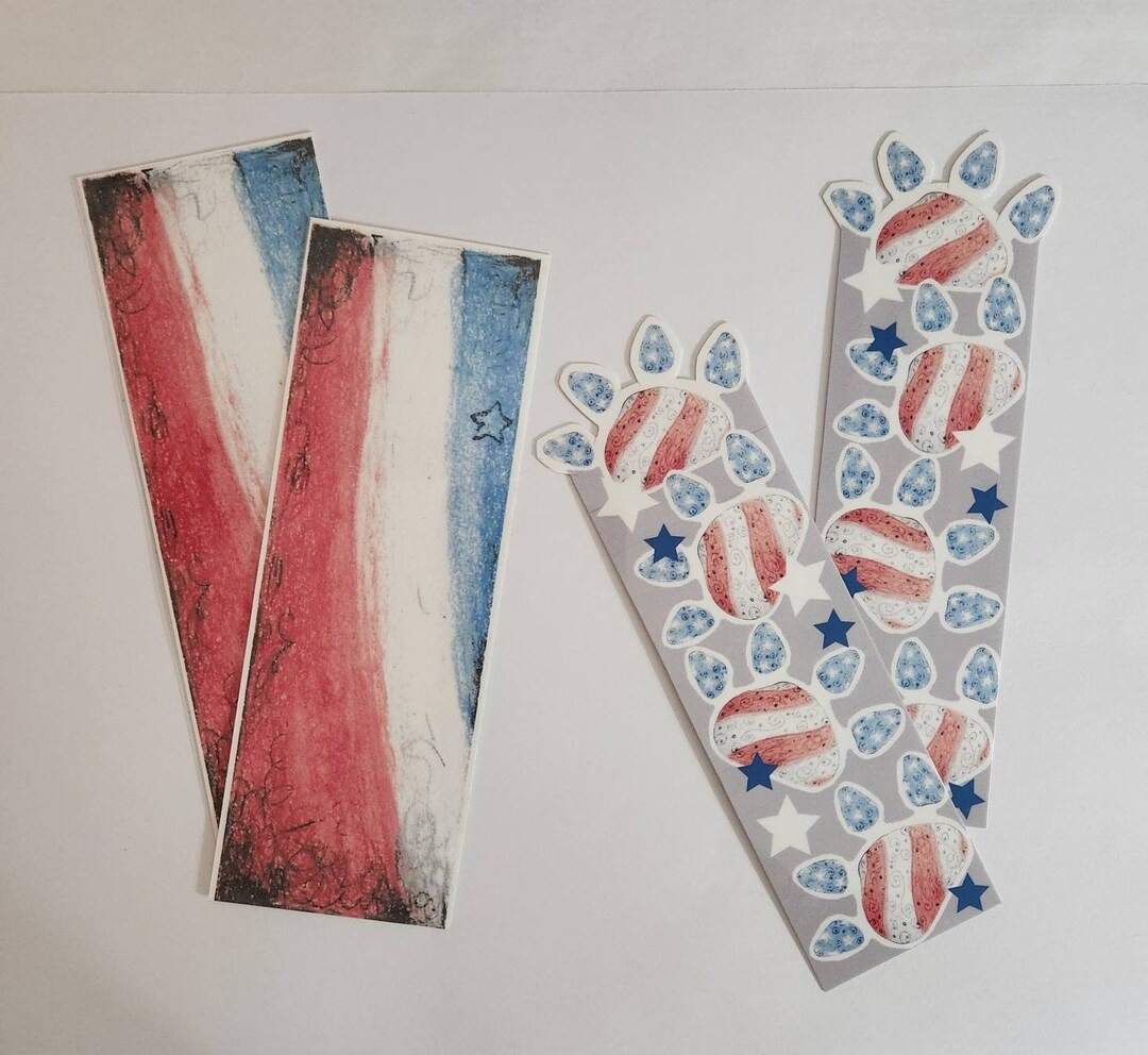 Four bookmarks with a red white and blue theme