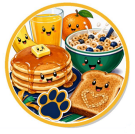 breakfast foods like cereal, pancakes and fruit and juice on a white background