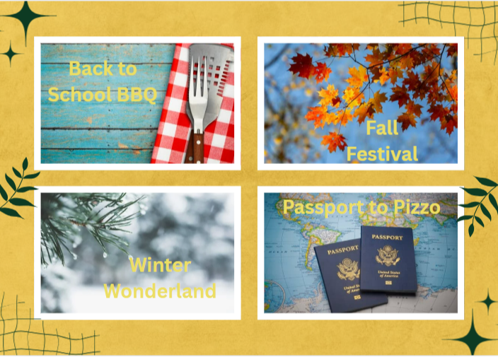 yellow background with 4 sections, one of a table set for a BBQ, one of fall leaves on a tree, one of snow and a pine needle branch, and one of passports with a map background