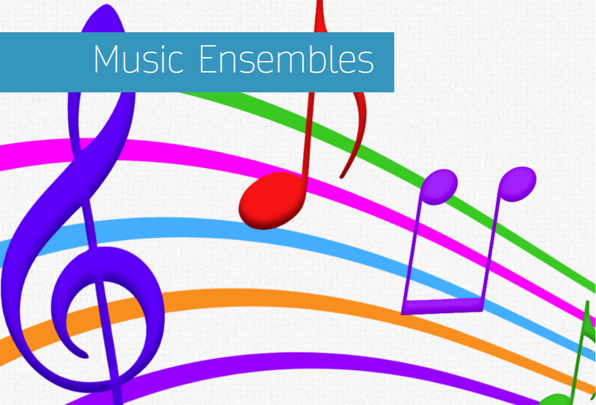 colorful musical staff with a treble clef in purple and multi colored quarter and eigth notes