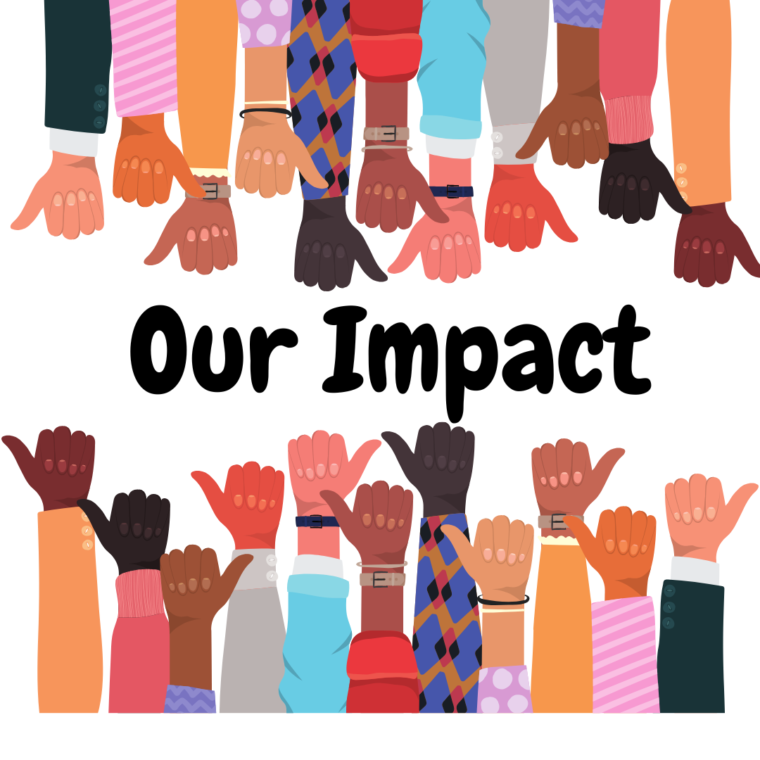 Illustration of diverse hands raised in celebration surrounding the centered bold text 'Our Impact' on a white background. The image symbolizes community, inclusion, and educational success