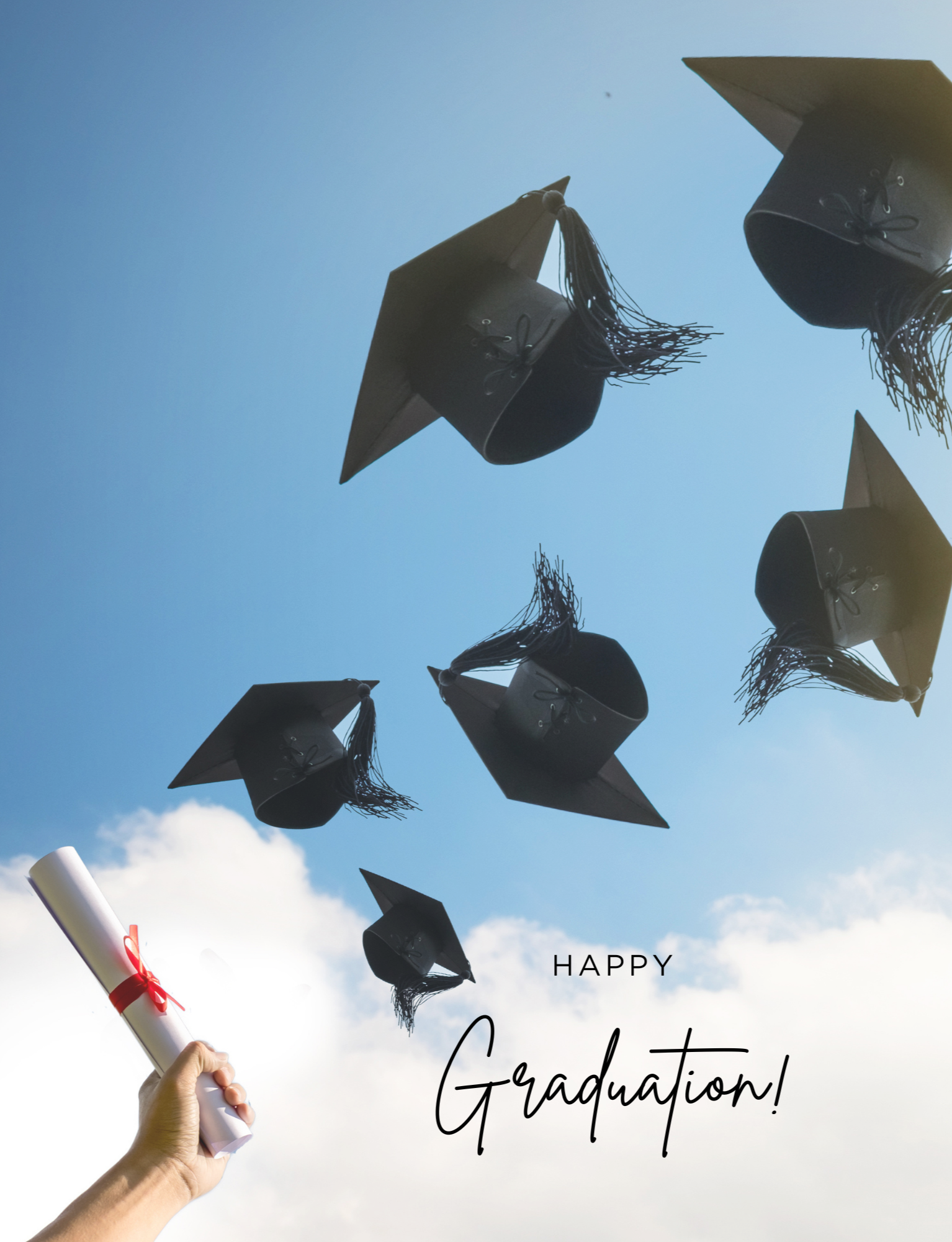 A hand holds a diploma with a red ribbon under a blue sky, while several black graduation caps are tossed in the air. The image includes the text 'Happy Graduation!' and symbolizes celebration and academic achievement