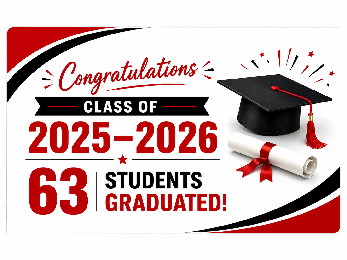 A hand holds a diploma with a red ribbon under a blue sky, while several black graduation caps are tossed in the air. The image includes the text 'Happy Graduation!' and symbolizes celebration and academic achievement