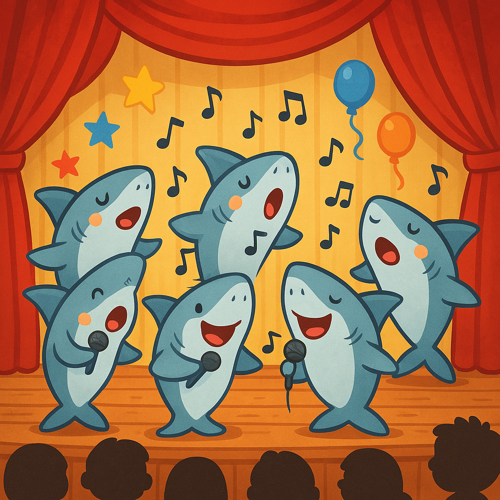 Group of cartoon sharks singing on a stage in front of an audience