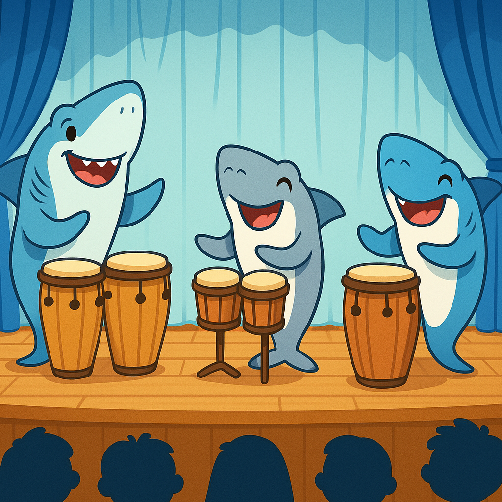three cartoon sharks playing percussion instruments on a stage