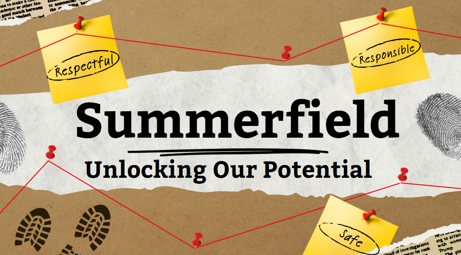 Summerfield Unlocking Our Potential logo corkboard background with notes posted as if clues to a mystery