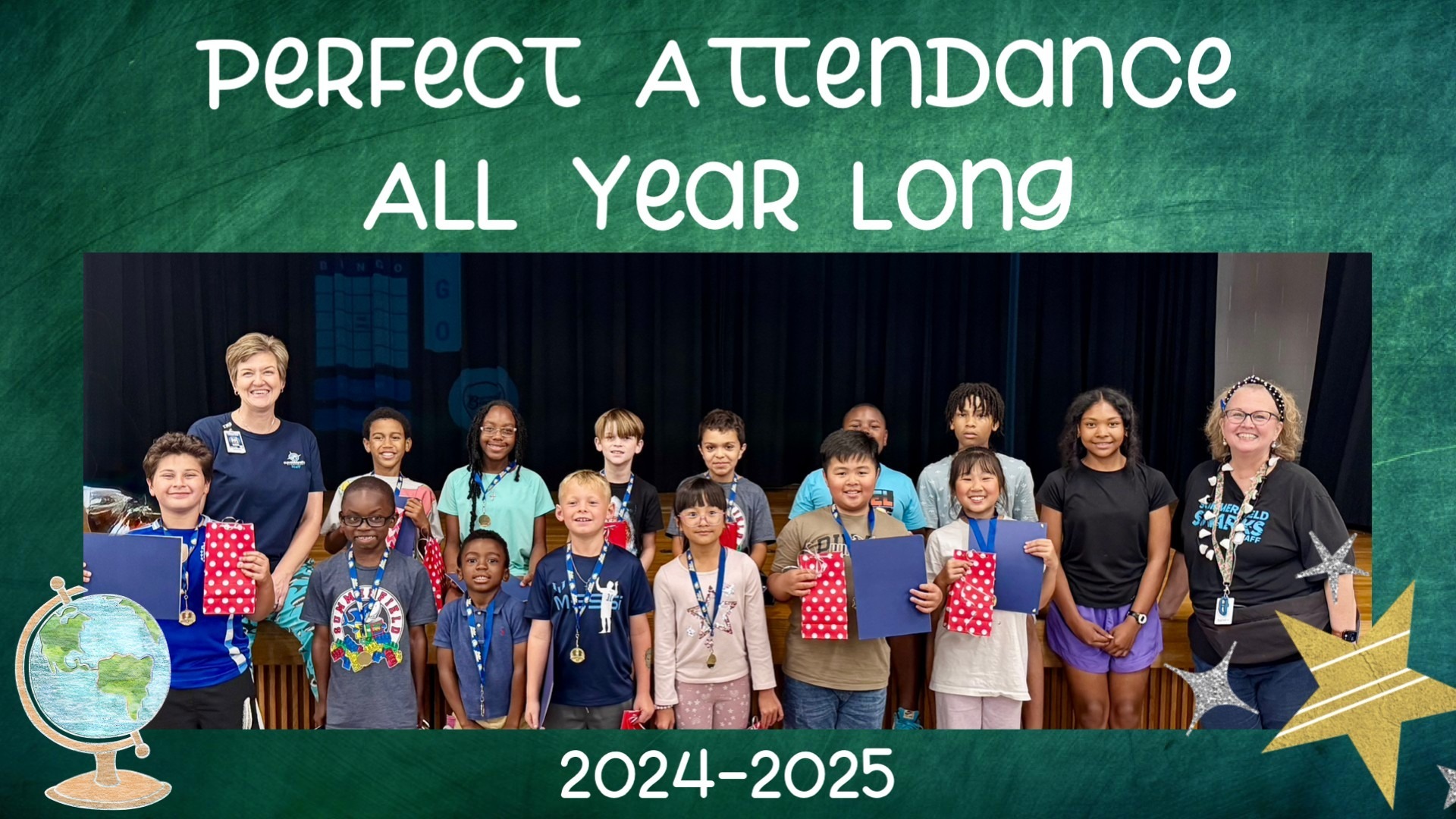 A group of Summerfield students who ahad perfect attendance for the 2024-2025 school year with the principal and school data processor.