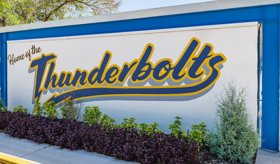 Thunderbolts in written on the front of the school building.