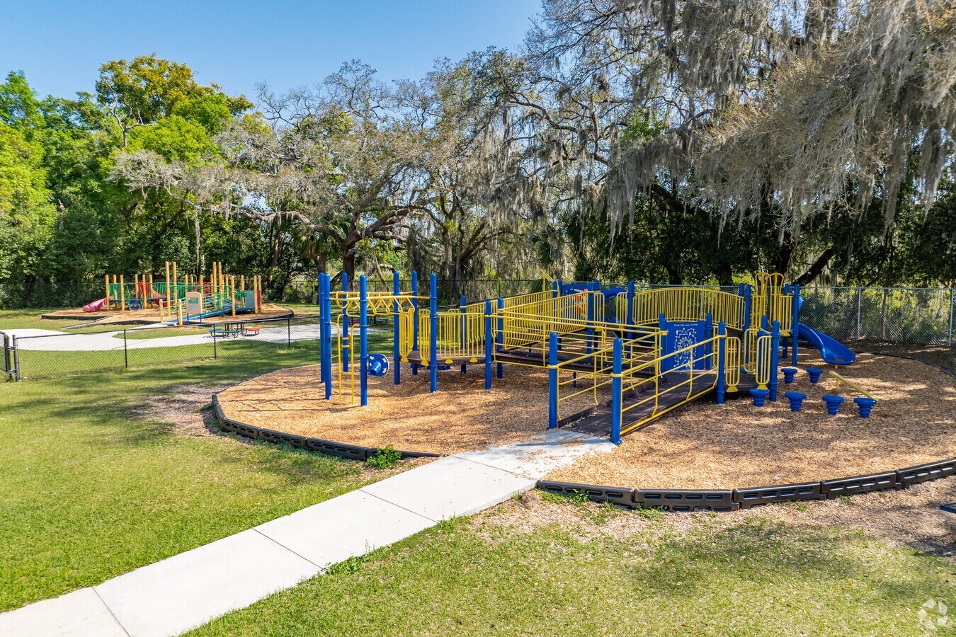 The playground equipment on the school grounds.