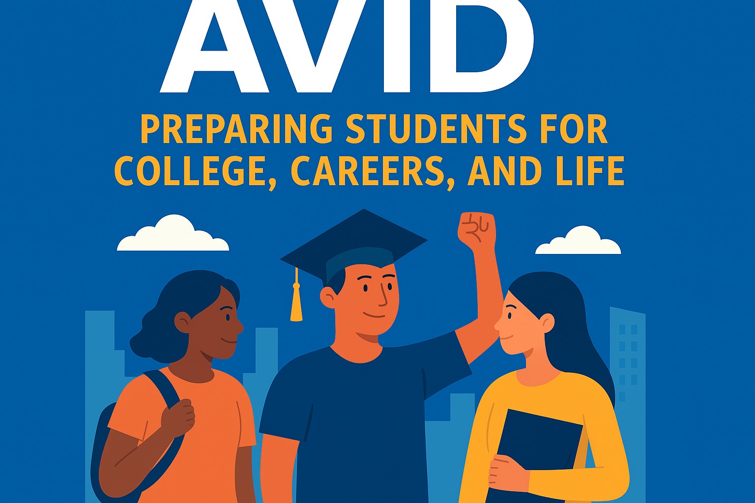 2 female students holding books and 1 male student in between wearing a graduation hat