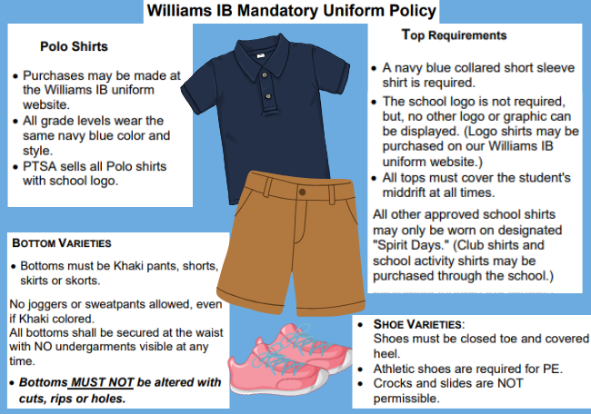 blue polo, tan shorts, pink tennis shoes, lanyard