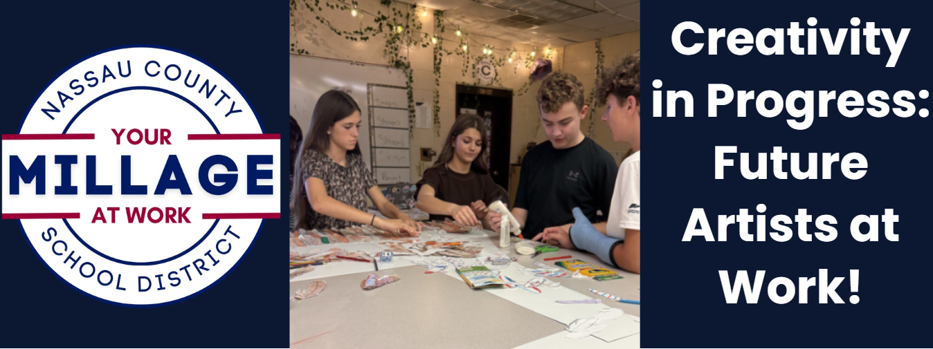 "Nassau County School District 'Your Millage at Work' graphic featuring students working together on an art project around a classroom table. Art supplies, paper cutouts, and craft materials are spread across the workspace. Text on the graphic reads: 'Creativity in Progress: Future Artists at Work!'"