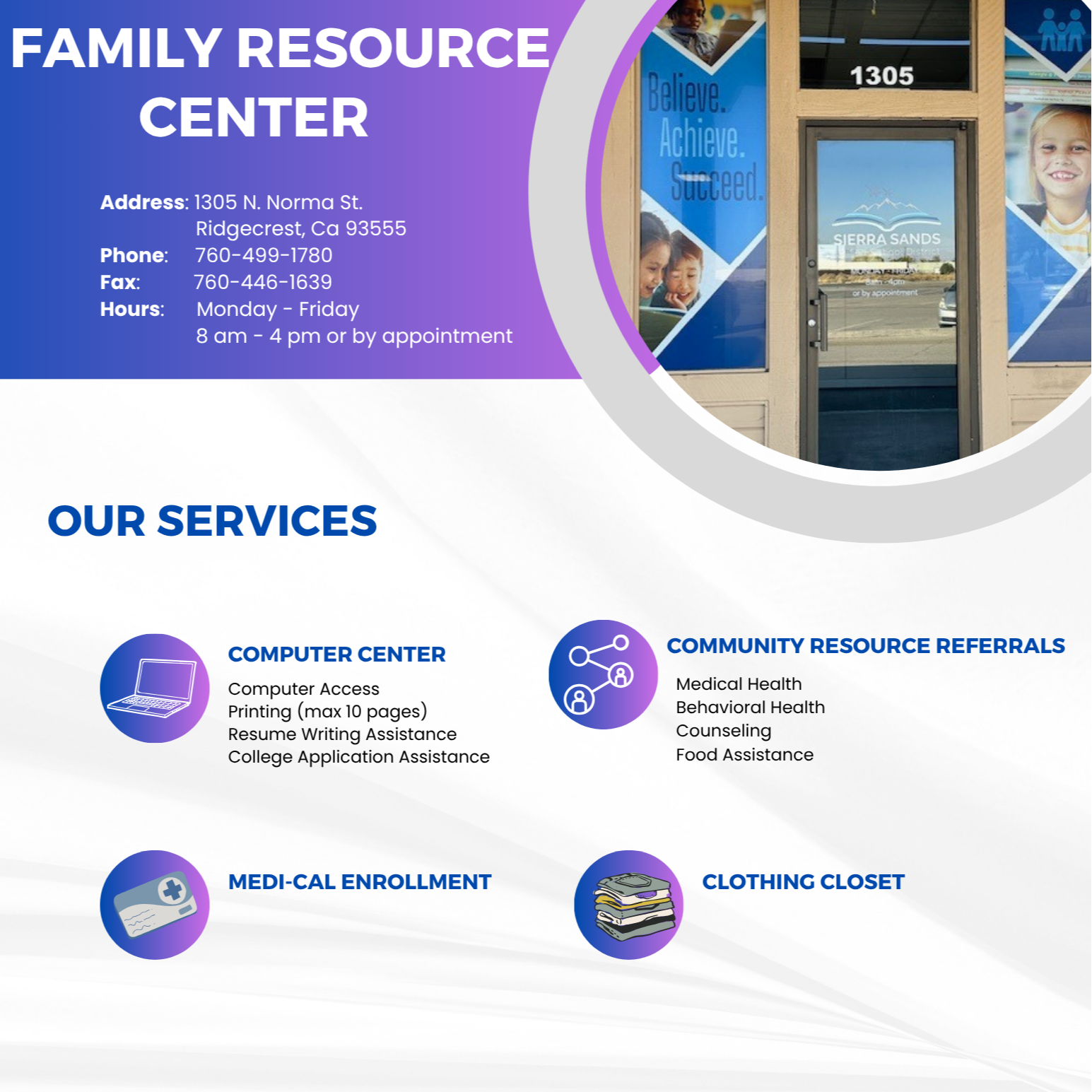 Flyer for Family Resource Center 760-499-1780