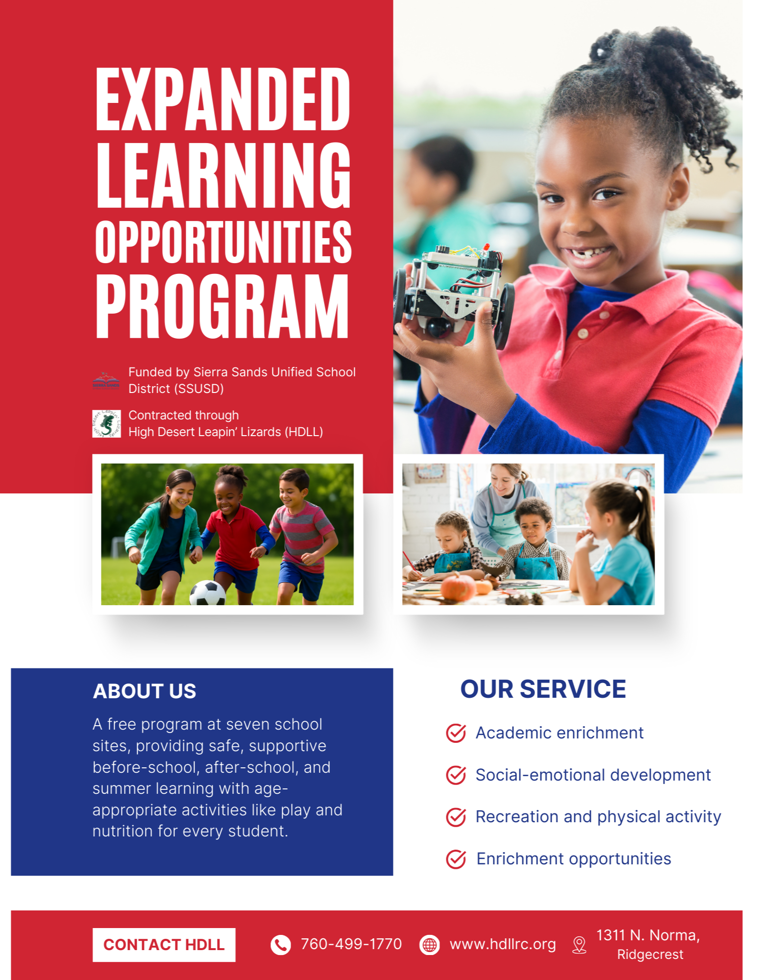 colorful flyer for High Desert Leapin Lizards with children in an after school program in English