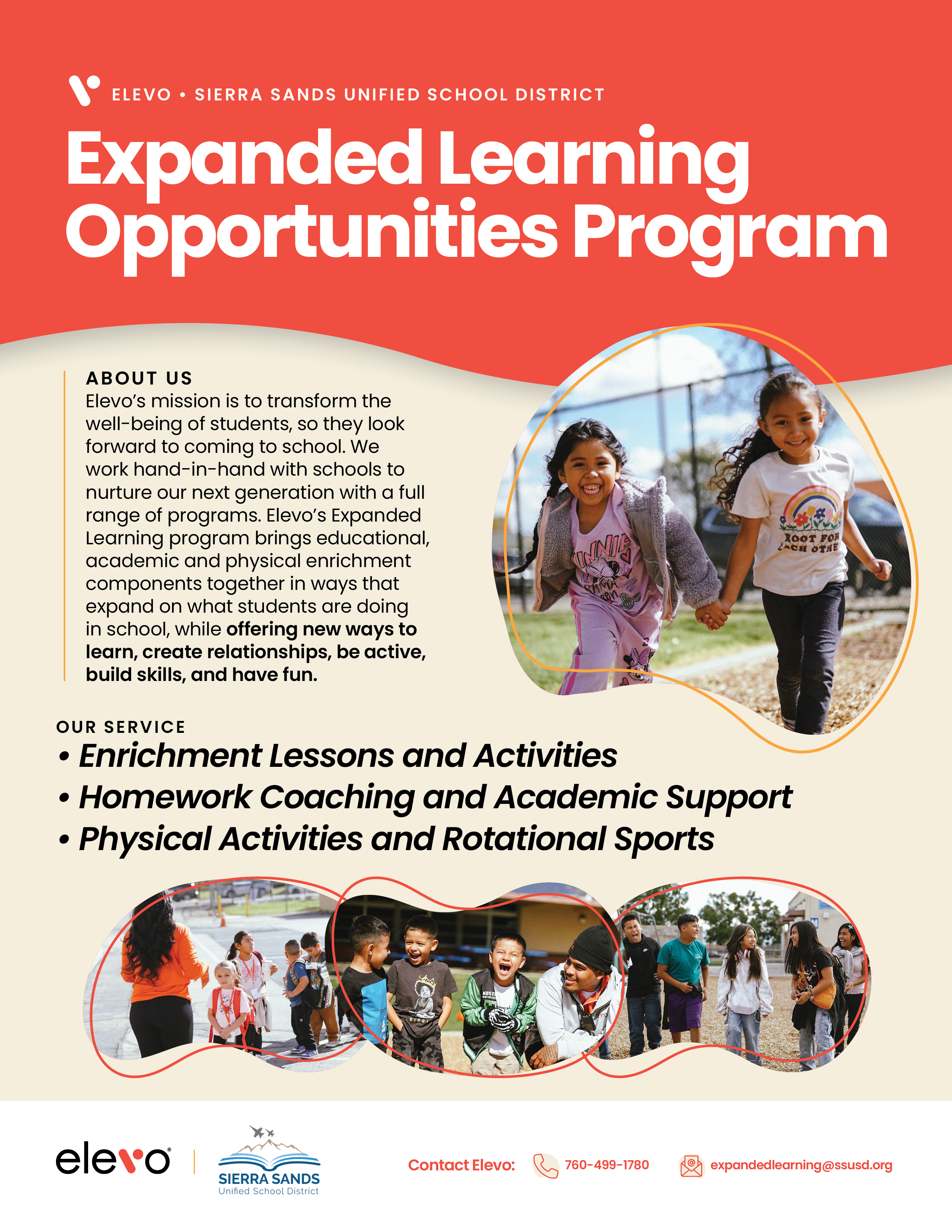 colorful flyer for Elevo with children in an after school program in English