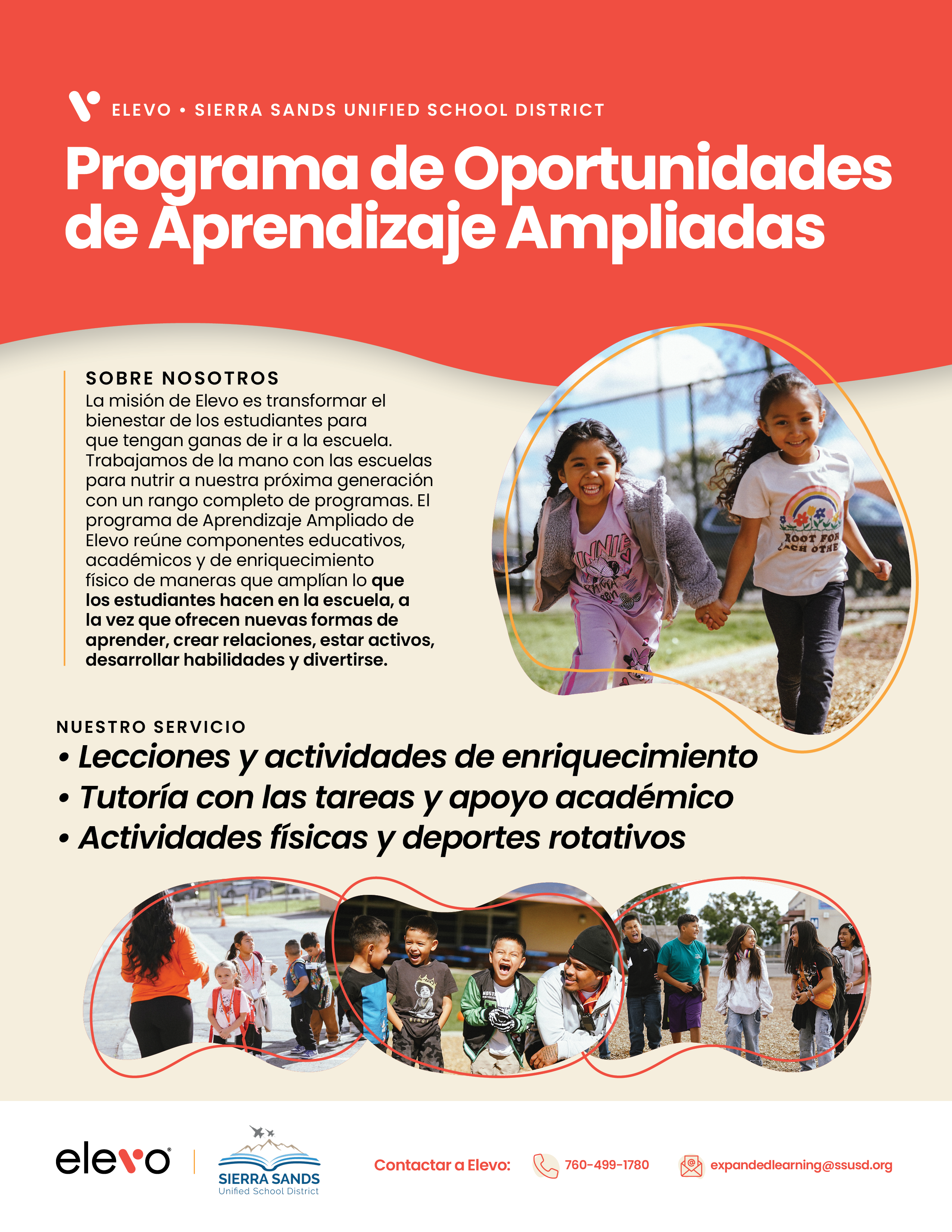 colorful flyer for Elevo with children playing and smiling in an after school program in Spanish