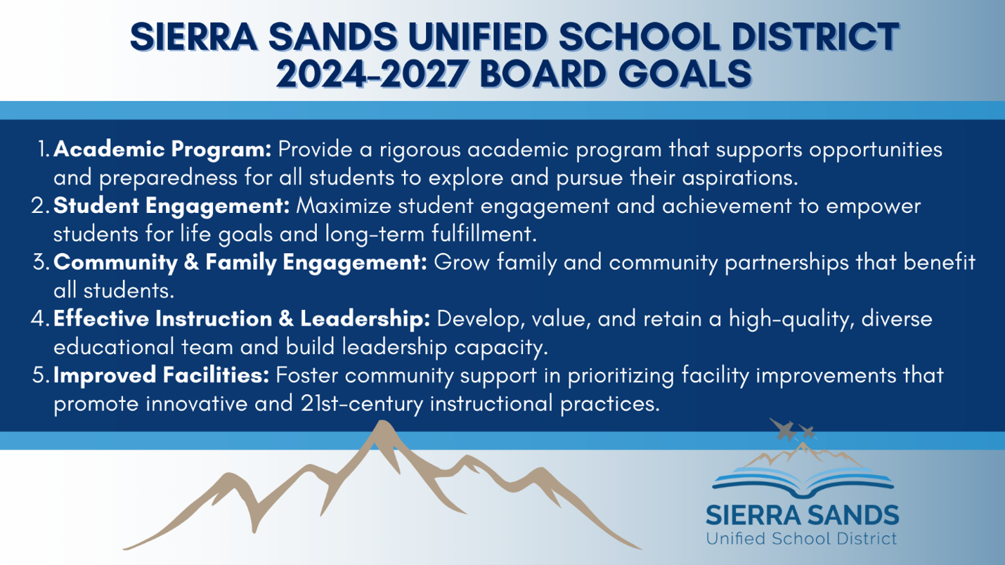 Blue and tan graphic showing Board Goals with District logo mountains and jets