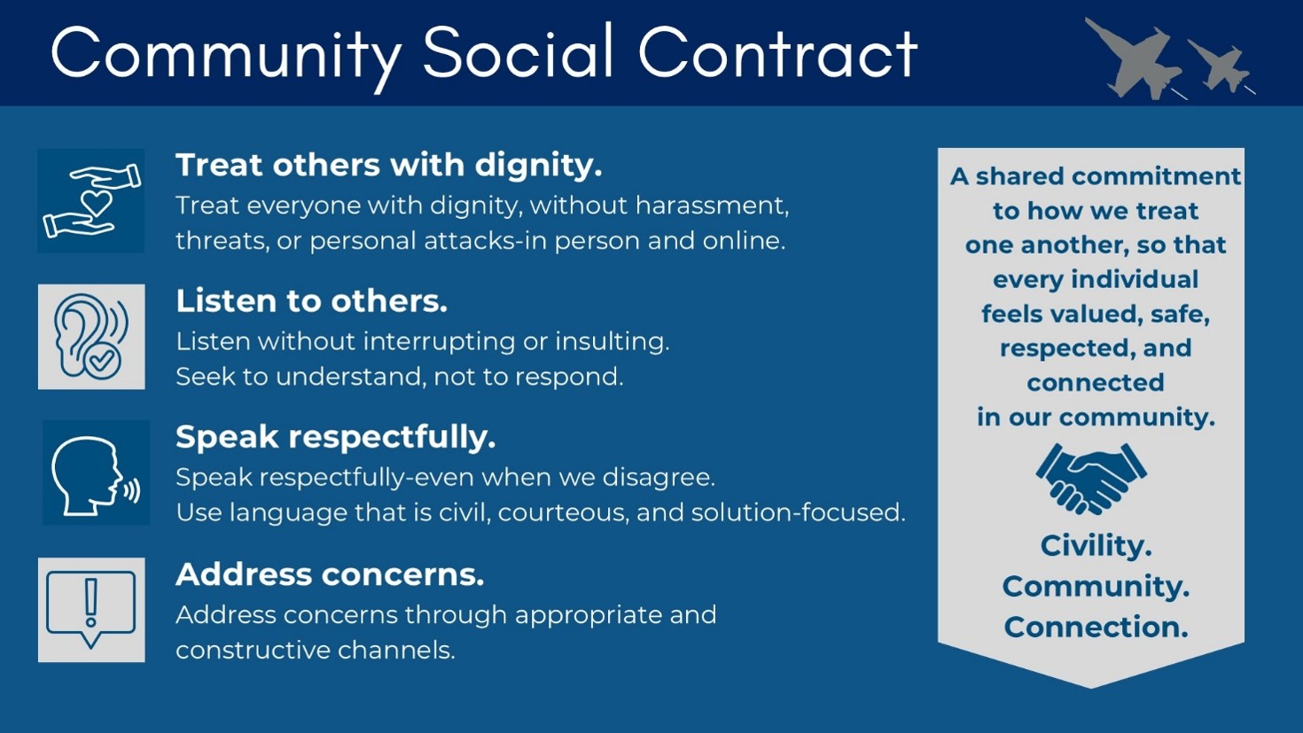 Blue and tan graphic with District Logos and the Community Social Contract 