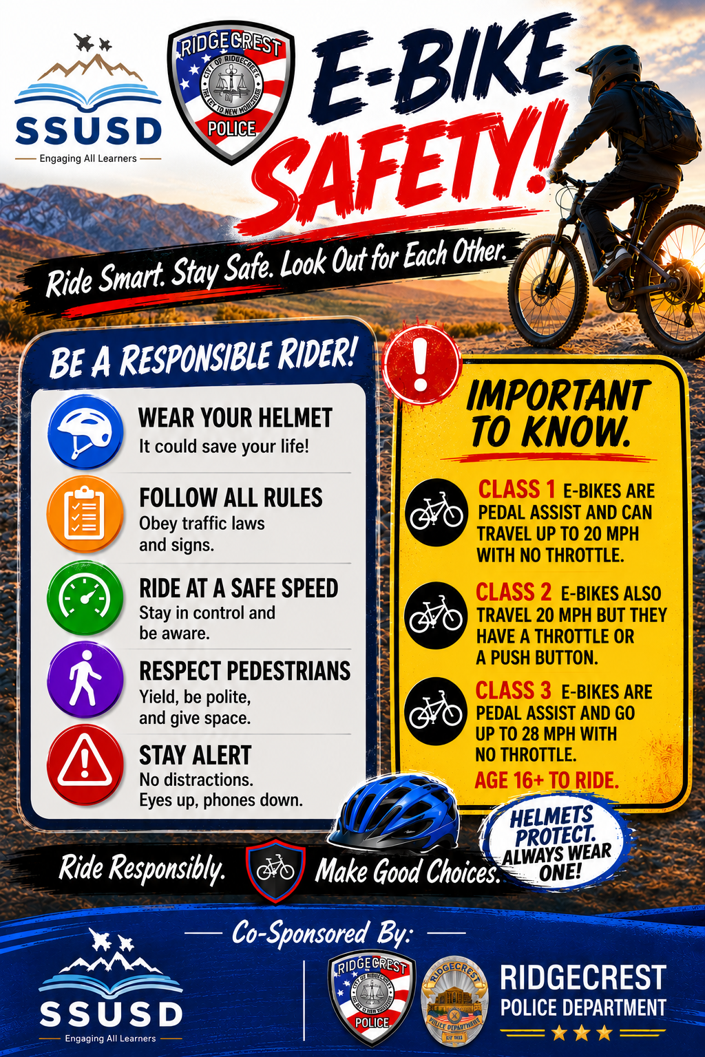 Colorful flyer with e-bicycle and helmet safety tips in English