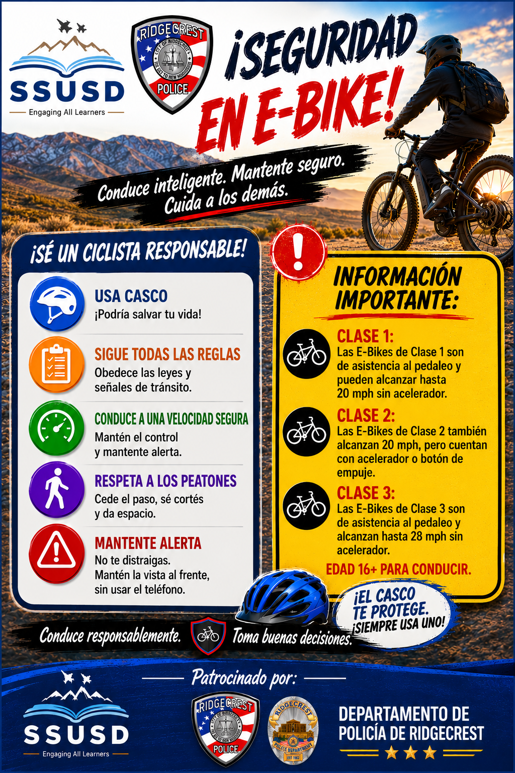 Colorful flyer with e-bicycle and helmet safety tips in Spanish