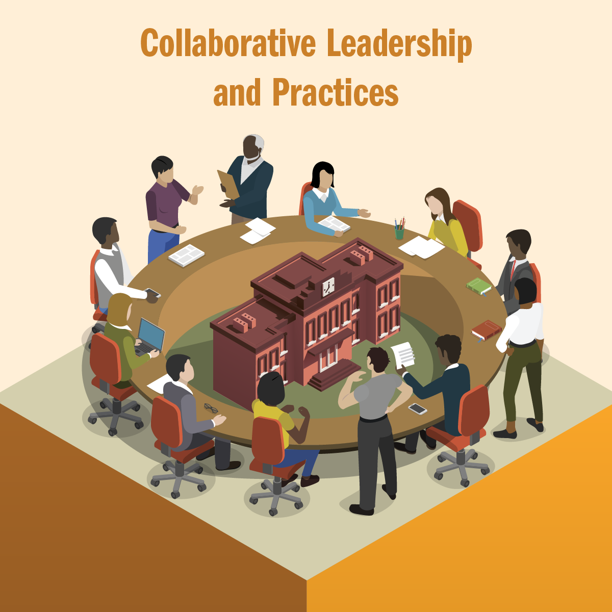 Many adults gathered around a large table with a school building in the middle of the table