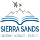 blue and tan Sierra Sands logo with mountains, an open book, and jets flying