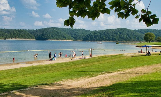 People are swimming and enjoying the sandy beach at Green River Lake State Park, with lush green hills and a boat visible across the expansive blue lake under a partly cloudy sky. Tree leaves frame the top of the image.