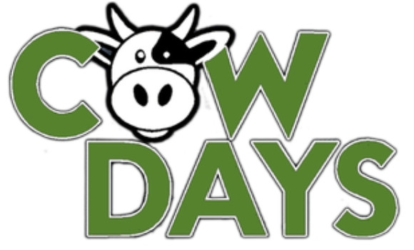A graphic logo for 'Cow Days,' displaying 'COW' in large green letters, where a black and white cow's face replaces the 'O.' Below, 'DAYS' is also in large green letters.